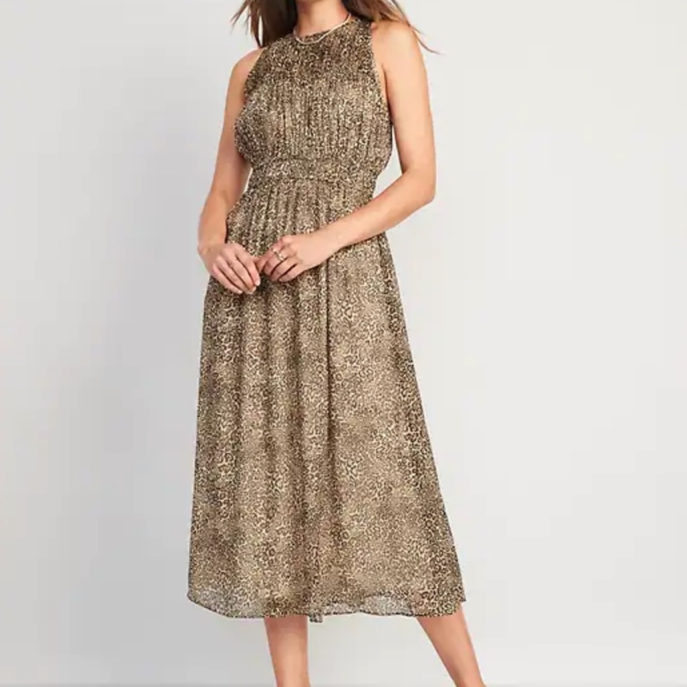 summer Shirred Crinkled Maxi Dress Women sleeveless animal print BNWT XS tall